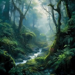 Enchanted Forest Stream with Lush Greenery and Mystical Atmosphere