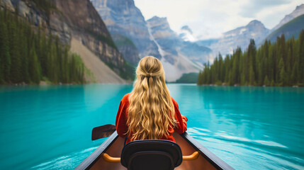 Fototapeta premium Rearview photo of a young woman with blonde hair sitting in a wooden kayak boat and canoeing on the river during the sunny summer day. Lake water sport adventure, recreational rowing