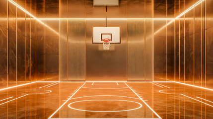 Empty luxurious golden indoors basketball gym court with shiny textured floor, white backboard and the hoop. Rim, net. Nobody, no people. 