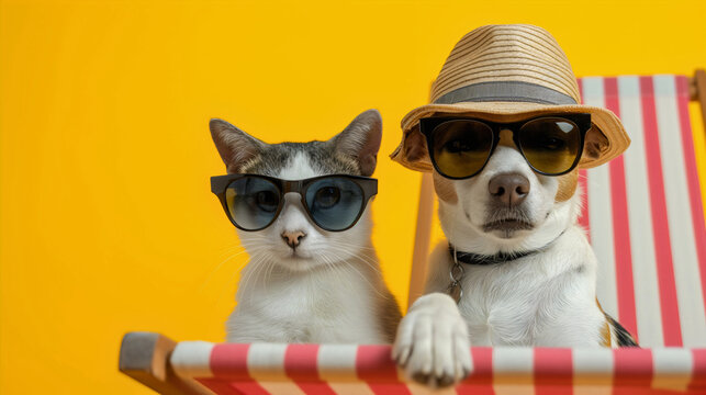 Beautiful Jack Russell terrier dog breed with cat, wearing sunglasses, pets resting and relaxing on a summer vacation or holiday, lying on a comfortable lounge chair or easy chair, studio photography