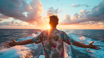 Rearview photography of a young man on the cruise ship or the yacht on the sea or ocean water. Male person wearing a light blue tropical shirt, private luxurious liner leisure, sunset trip journey
