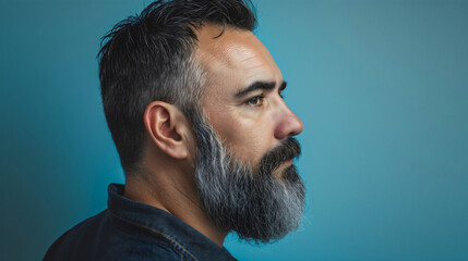 Handsome and good looking middle aged man in his 40s or 50s with gray beard and hair. Side view closeup studio photography, blue wall background, neutral and serious face expression