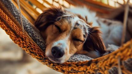 Closeup Australian Shepherd dog breed sleeping, pet resting and relaxing on a hammock swing outdoors on a sand beach on a summertime vacation or holiday
