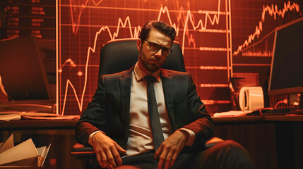 Stressed out young businessman with glasses sitting in office interior, looking at the camera. Entrepreneur showing his frustration, path to bankruptcy, economic collapse, decline and crash of income  - obrazy, fototapety, plakaty