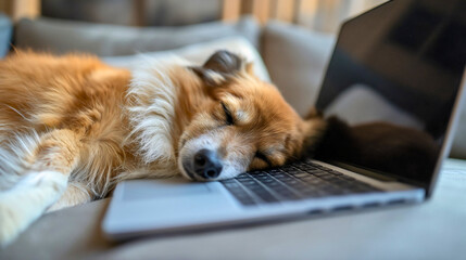 Side view of the funny Jack Russell Terrier dog breed sleeping on the laptop. Tired and lazy pet resting and napping on the notebook device next to the gray sofa or couch, sleep deprivation, exhausted - obrazy, fototapety, plakaty