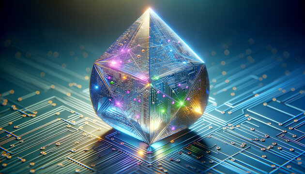 Innovative IT Strategy: Geometric form with circuitry patterns and serene landscape