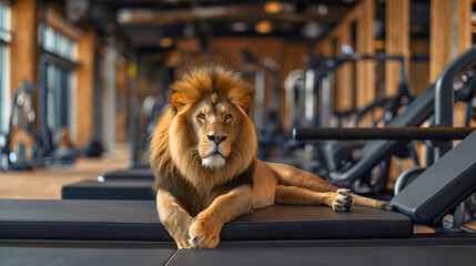 Photography of a male lion lying in the modern gym interior. Lazy, tired and physically exhausted....