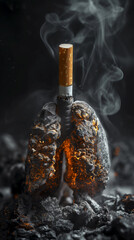 The image depicts a conceptual representation of lungs damaged by smoking, highlighted by a burning cigarette at the top, emphasizing the health hazards of tobacco use.