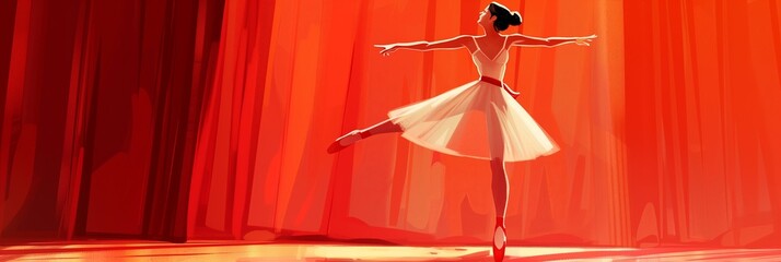 Exquisite Ballerina in White Tutu Poised on One Leg in an Elegant Ballet Pose on a Warm Toned Stage - Perfect for Dance School and Theatre Posters