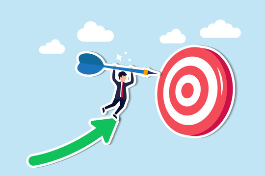 Successful business goal attainment is crucial for target achievement concept, businessman leader holding dart running from rising graph arrow and jump to bullseye target to win in business strategy