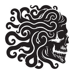 Gorgon Medusa skull head, black silhouette on a transparent background, vector drawing for stencil, tattoo