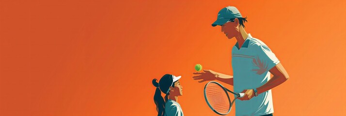 Tennis Coaching Session Under a Warm Orange Sky - A Mentor and Protégé Practicing, Perfect for Sports Training and Mentorship Content - obrazy, fototapety, plakaty