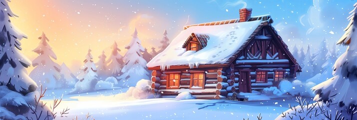 Serene Winter Cabin Scene with Warm Light Amidst Snowy Landscape - Evokes Peacefulness and Cozy Winter Days