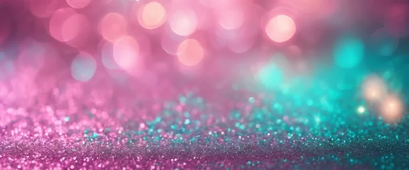 Foto op Plexiglas Whimsical Wonderland: Glowing Bokeh and Colorful Design Elements Craft a Fantasy Landscape, Perfect for a Luxurious and Playful Party - Abstract Pink & Blue Background with Bokeh © Nastassia