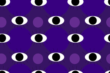 Cartoon eyes and  purple geometric round circles. Abstract seamless vector pattern for design and decoration.