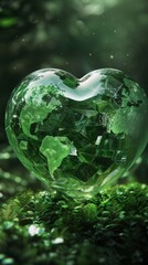 Green earth in a heart-shaped crystal sphere. Earth Day.