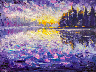 Palette knife fragment painting Abstract texture backgroud Blue violet purple Morningriver. Sunrise on the water. Sunset over the river. Reflection in water. Rural landscape art