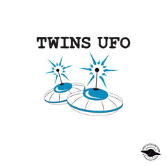 Twins ufo. Written in black and with two white spaceships with blue details and black antennas releasing blue rays.