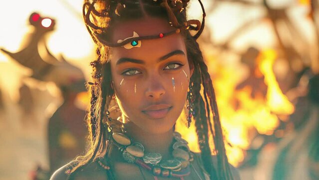 A mix of beautiful women in costume and outdoor music festival
