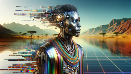 Afrofuturistic African figure in Y2K-inspired attire with serene, futuristic landscape.