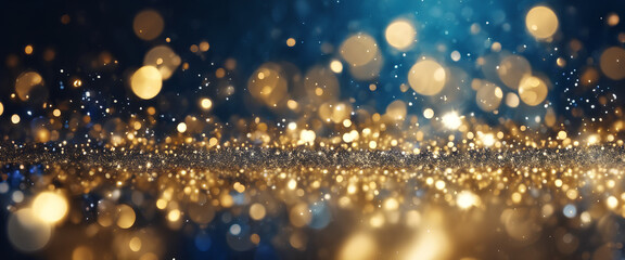 Fototapeta na wymiar Elegant Midnight Glow: Blue and Gold Bokeh, Radiating Romance and Magic - Perfect for Festive Celebrations and Luxurious Banners - Abstract Background 