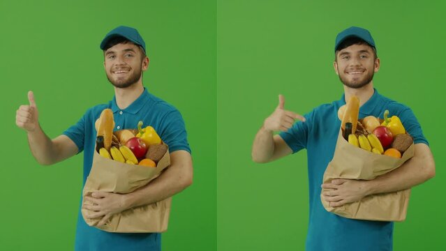 Green Screen Delivery Man Brings Paper Bag with Food. Courier on the Way to Deliver Order to a Client. Deliveryman Worker Deliver Online Order Client.
