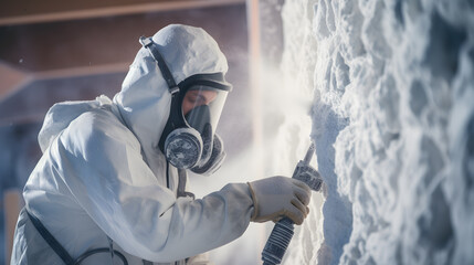 Man worker spraying polyurethane foam inside of future cottage. Neural network AI generated art - obrazy, fototapety, plakaty