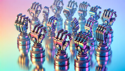 Futuristic robotic grippers with Y2K aesthetics and tranquil chromatic background.