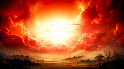 Fantasy landscape with red sky and sun. Fantasy landscape with red sky and sun. Generative AI technology.