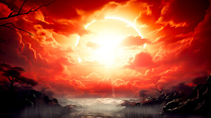 Fantasy landscape with red sky and sun. Fantasy landscape with red sky and sun. Generative AI technology.