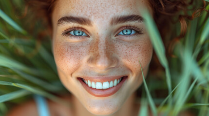 Cheerful laughing woman lying in the grass in summer