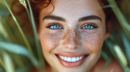 Cheerful laughing woman lying in the grass in summer