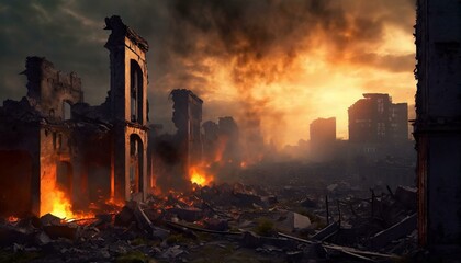 destroyed city on fire - obrazy, fototapety, plakaty