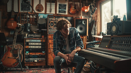 A meticulously composed shot of a musician surrounded by musical instruments and recording...