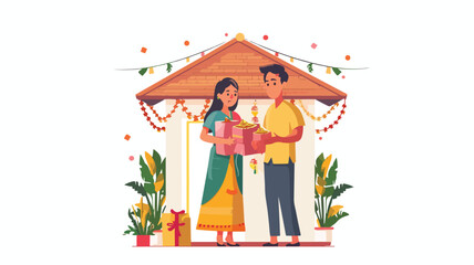Obraz na płótnie Canvas Couple decorating house for Diwali flat color.