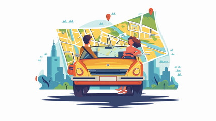 Couple road trip by car flat color vector illustration.