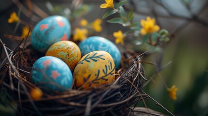 A serene Easter composition of a nest with delicately painted eggs and vibrant yellow flowers, ideal for text space..