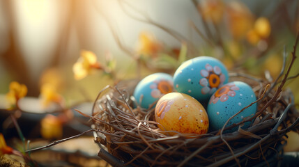 Fototapeta na wymiar A serene Easter composition of a nest with delicately painted eggs and vibrant yellow flowers, ideal for text space..