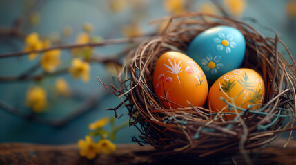 Fototapeta na wymiar A serene Easter composition of a nest with delicately painted eggs and vibrant yellow flowers, ideal for text space..