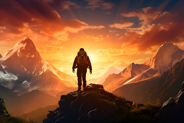 Hiker standing on a mountain peak and looking the sky, illustration, ai generated	