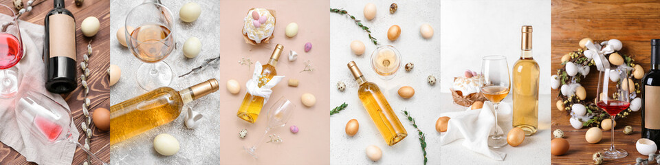 Composition with bottle of wine, glasses, Easter eggs and willow branches on wooden background,...
