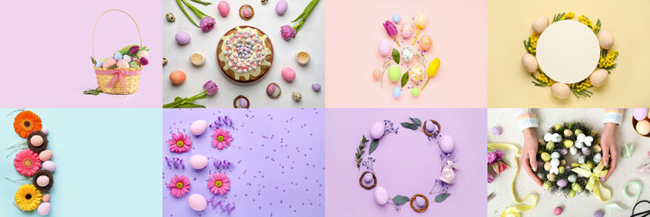 Festive collage with beautiful Easter compositions on color background
