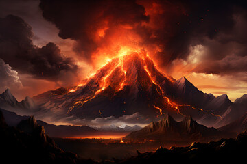volcano eruption abstract art, burning in mountain, active volcano - obrazy, fototapety, plakaty