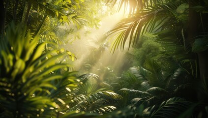 Sun's rays seep through the thick green leaves of a forest of serene nature