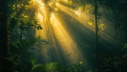 Obraz premium Sun's rays seep through the thick green leaves of a forest of serene nature