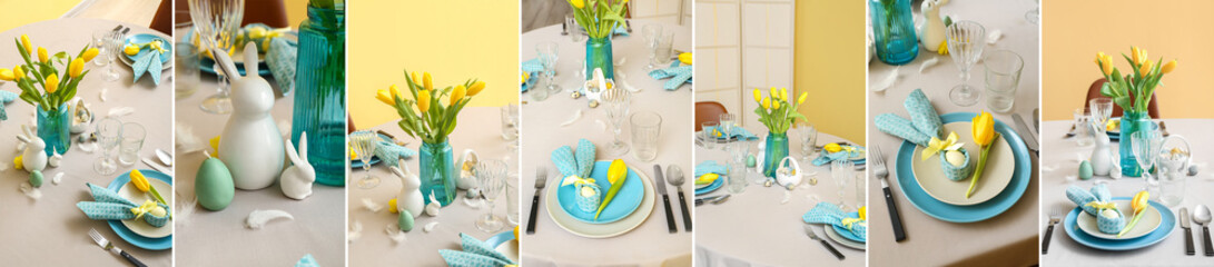 Collage of beautiful table setting for Easter dinner with yellow tulips