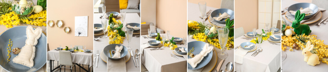 Collage of beautiful table setting for Easter dinner with yellow mimosa flowers