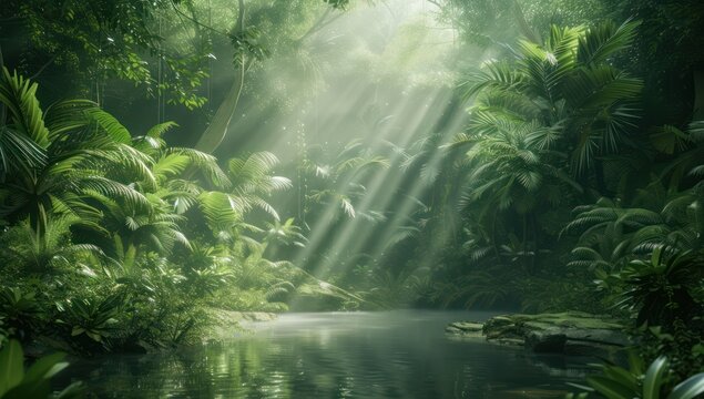 Sun's rays seep through the thick green leaves of a forest of serene nature © ColdFire