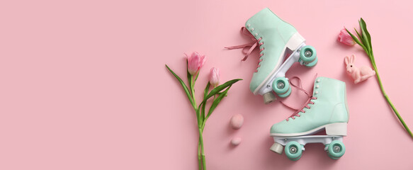 Vintage roller skates with Easter eggs, bunny and beautiful tulips on pink background with space for text