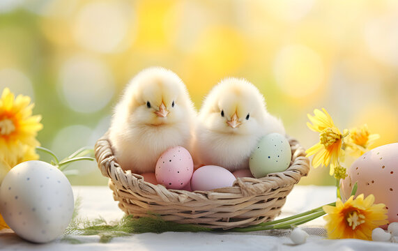 A Nest of Easter Eggs with Baby Chicks Inside on a Table